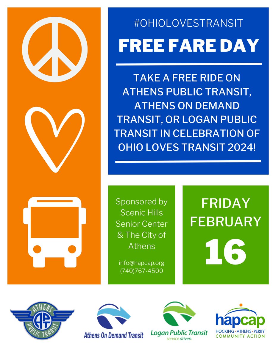 hapcap's tweet image. 🚍 Join us for a FREE ride on public transit on Feb 16, courtesy of The City of Athens and Scenic Hills Senior Center! 🎉 Explore your community, enjoy the journey! 🚌 #CommunityRide #AthensTransit #FreeRideDay For more information contact info@hapcap.org