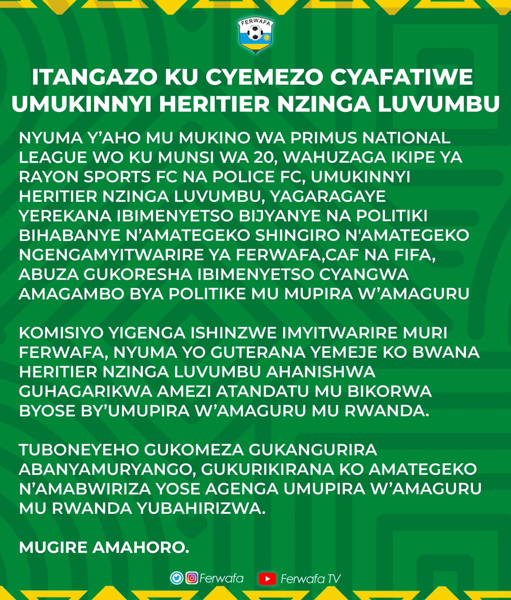 FERWAFA's tweet photo. ITANGAZO KU CYEMEZO CYAFATIWE UMUKINNYI HERITIER NZINGA LUVUMBU. https://t.co/fDnE46phgc