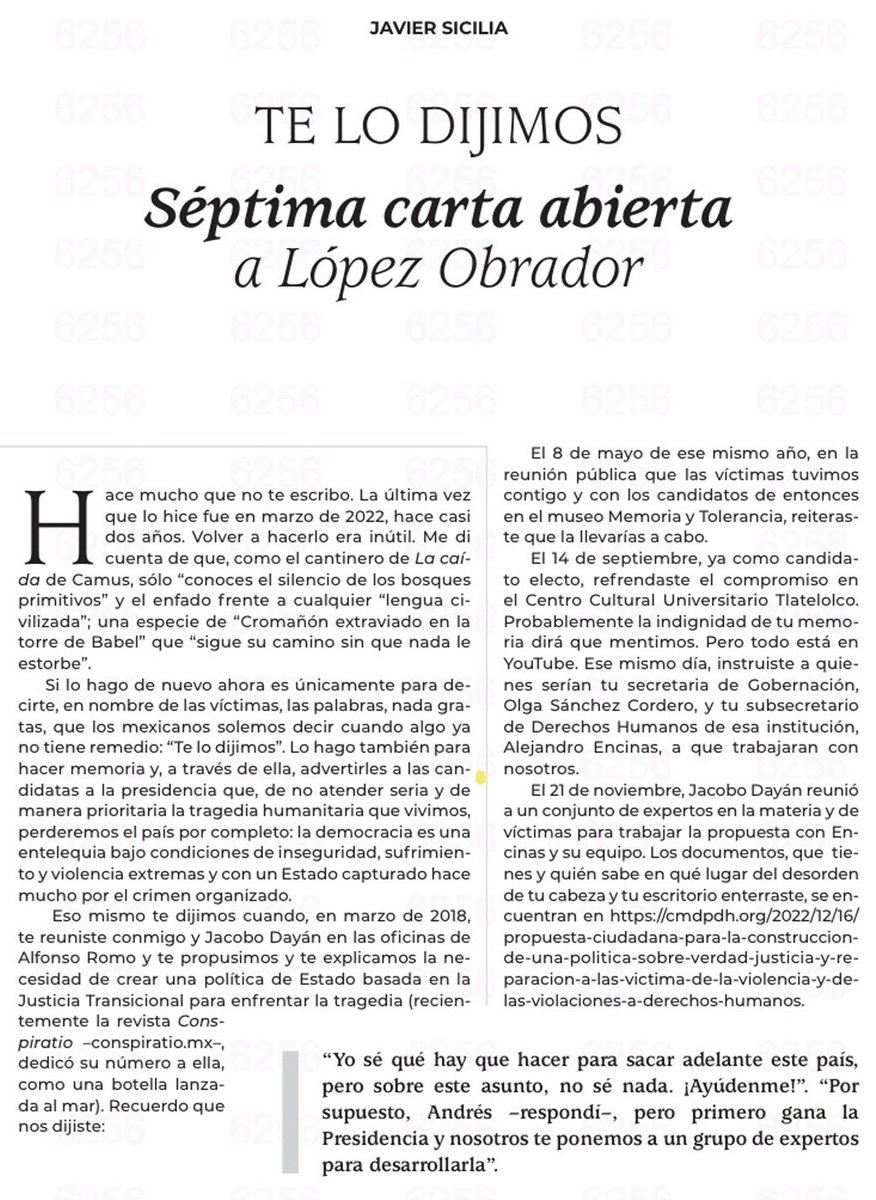 juvazrom's tweet photo. #kJ
TE LO DIJIMOS
SÉPTIMA CARTA ABIERTA A LÓPEZ OBRADOR
(@Javier_Sicilia / @proceso / edición impresa)
#TemasParaElAnálisis https://t.co/4xhBYGqtGM