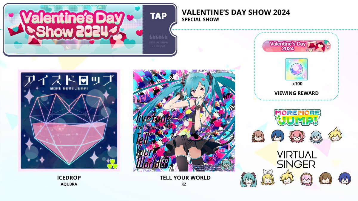 colostage's tweet photo. Virtual Show Notice!
Valentine’s Day Show 2024

First show: February 14, 12:00 AM
Last show: February 15, 11:00 PM
All times in PST

Join this special show to celebrate Valentine’s Day with MORE MORE JUMP! https://t.co/naV3vzWppy