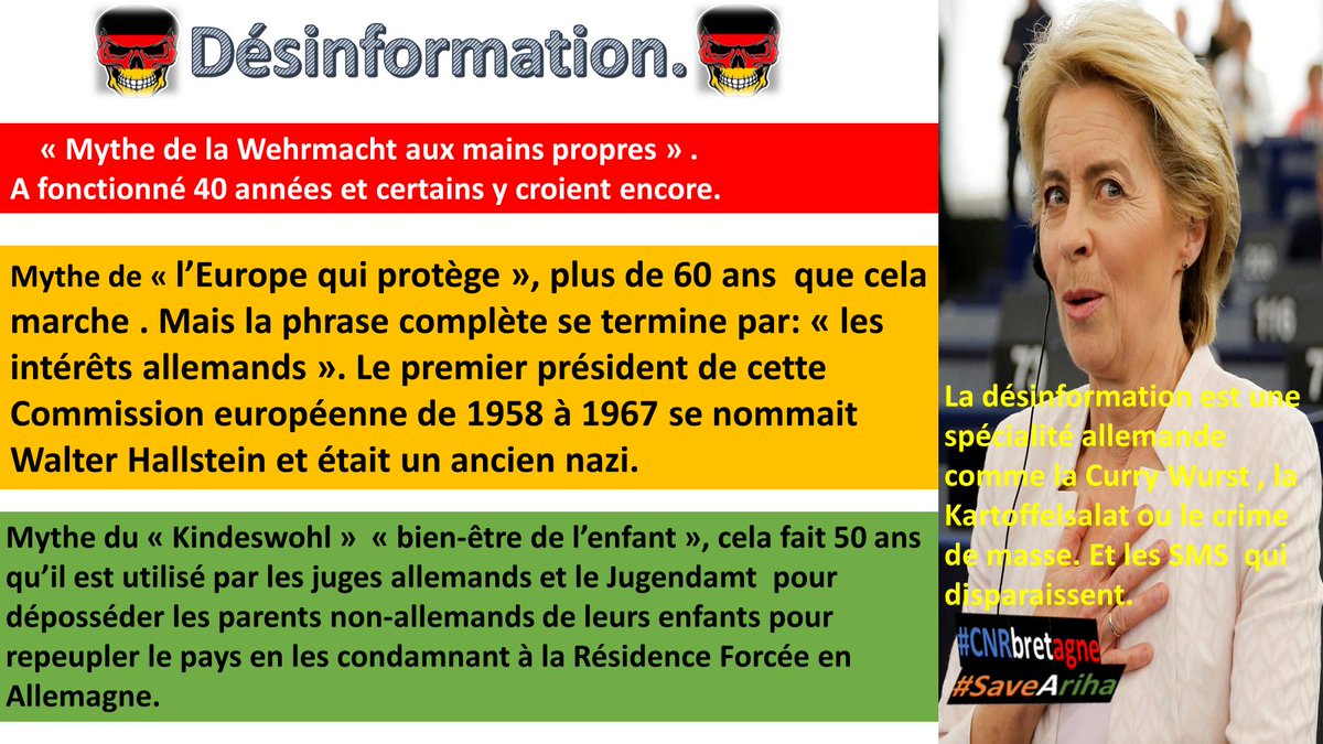 nfthemis's tweet photo. 👉🇩🇪Si vous êtes d'accord . Merci de repartager.
Cette présidente de la Commission européenne vient de déjeuner avec Emmanuel Macron.
🛑Walter #Hallstein était le premier président de la commission européenne. Concepteur de la construction européenne, il fût aux yeux de l’histoire un des pères fondateurs de cette Europe de la paix et a toujours été associé aux remarquables Robert Schuman et Jean Monnet. Ce qui est surprenant c’est que c’était un juriste proche d’Adolph Hitler.
👉Qui est Walter Hallstein ?
🛑L’ensemble du processus européen ne peut être compris que si l’on s’intéresse à la vision des concepteurs de ce projet. Parmi les « pères fondateurs », Walter Hallstein est sans doute l’un des principaux concepteurs ou plutôt le concepteur en chef de cette construction européenne. Cet Allemand né en 1901 et mort en 1982 était professeur de droit en Allemagne. Il était également un juriste proche des autorités nazis comme le prouve sa lettre datant du 30 septembre 1935 adressée au représentant du gouvernement nazi de l’université de Rostock. Il a d’ailleurs été nommé doyen de la faculté de droit et d’économie de Rostock par le gouvernement du IIIème Reich comme le prouve la lettre 18 mai 1936 signée par le chancelier de l’université de Rostock et d’un « Heil Hitler ».
Dans un contexte particulier, Walter Hallstein profite de l’ascenseur social du IIIème Reich lui permettant d’accéder aux plus hautes fonctions de l’Allemagne nazie.
🛑« Das Neue Europa »🛑
👉🛑Deux ans après, Adolf Hitler rencontre Benito Mussolini à Rome le 9 mai 1938 afin de créer « une nouvelle Europe » : une union des pays européens qui serait sous leur contrôle. Une délégation de juristes est alors constituée pour concevoir cette « nouvelle Europe » qui a vocation à supprimer les frontières, affaiblir la souveraineté des États et créer un vaste Empire où l’axe Berlin-Rome appliquerait sa politique territoriale, économiques et diplomatique. Walter Hallstein est donc nommé personnellement par Adolf Hitler comme représentant nazi pendant les négociations d’Etat avec l’Italie fasciste entre le 21 et 25 juin 1938 afin de mettre en place un cadre juridique pour la « Nouvelle Europe ».
🛑👉Dès 1941 les journaux français titrent « 1941 sera la grande année du regroupement de l’Europe a déclaré le führer » (Paris soir publié le 1er février 1941). Cette « nouvelle Europe » conçue par le juriste allemand Walter Hallstein est alors montrée aux français comme une solution de paix en Europe alors que la France est occupée. Le gouvernement de Pétain inaugurera avec les autorités nazies l’exposition intitulée « La France européenne » le 6 juin 1941 à Paris au Grand Palais. Les tracts et affiches qui doivent faire la promotion de cet événement mettent en avant le projet d’une « construction de l’Europe ».
🛑👉Le gouvernement de Pétain collabore avec le gouvernement nazie dans l’objectif d’instaurer une « Pax Germania » à travers toute l’Europe. L’occupation du IIIème Reich sur le continent tout entier est donc présenté à la population comme un espoir de mettre fin une bonne fois pour toute à la guerre en Europe. Une propagande de grande ampleur sera mise en place afin de préparer les consciences à cette « nouvelle Europe ».(..)
👉🛑Walter Hallstein fût officier allemand durant la deuxième guerre mondiale. Lors de la bataille de Cherbourg il est fait prisonnier par les américains en uniforme de la Wehrmacht.
👉Libéré à la fin de la guerre, il fait son entrée en politique au sein de la CDU en RFA. En 1951, il devient le secrétaire d’Etat aux affaires étrangères du chancelier Konrad Adenauer. À ce poste il élabore la « doctrine Hallstein » et devient par la suite le chef de la délégation allemande (RFA) lors des négociations sur les modalités de la construction européenne. C’est dans ce contexte que l’idée « supranationale » d’une fédération émerge en reprenant ses travaux qu’il avait produit en juin 1938 à Rome à la demande d’Hitler. Il co-signe le traité de Rome le 25 mars 1957 avec Konrad Adenauer comme le montre cette photo historique qui marque officiellement le début de la construction européenne.
👉🛑De 1958 à 1967, il devient le premier président de la commission européenne que l’on appelait la commission Hallstein. En 1965 il présente le plan Hallstein où il préconise de créer une Europe fédérale sans frontière pour libérer le marché et empêcher et assurer la paix. Ce projet suscite immédiatement un veto du Général de Gaulle qui pratique la politique de « la chaise vide ».
🛑👉A l’époque toute la presse qui soutenait très largement le projet Hallstein reprochait la position du général De Gaulle d’aller à l’encontre de la paix.
A l’époque Walter Hallstein était perçu comme un des pères fondateurs de la paix en Europe et donc comme quelqu’un d’intouchable.
👉🛑Le général De Gaulle quant à lui était, l’homme de l’enfermement, l’homme des frontières cloisonnées et du siècle dernier… Ainsi toute la rhétorique du IIIème Reich avait été adoptée suite à la reprise du projet de « la nouvelle Europe ».
👉🛑La différence était que la propagande exercée était accompagnées de deux nouveaux concepts de communication importés des USA : le marketing politique et le story telling. Cette nouvelle force de communication était facilitée par le soft power, développé par l’américain Joseph Nye. La propagande se transforme alors en communication.
La suite de cet article fort bien documenté .
👇👇👇👇👇👇👇👇👇👇👇👇👇👇
https://t.co/KgAYS1rWgz