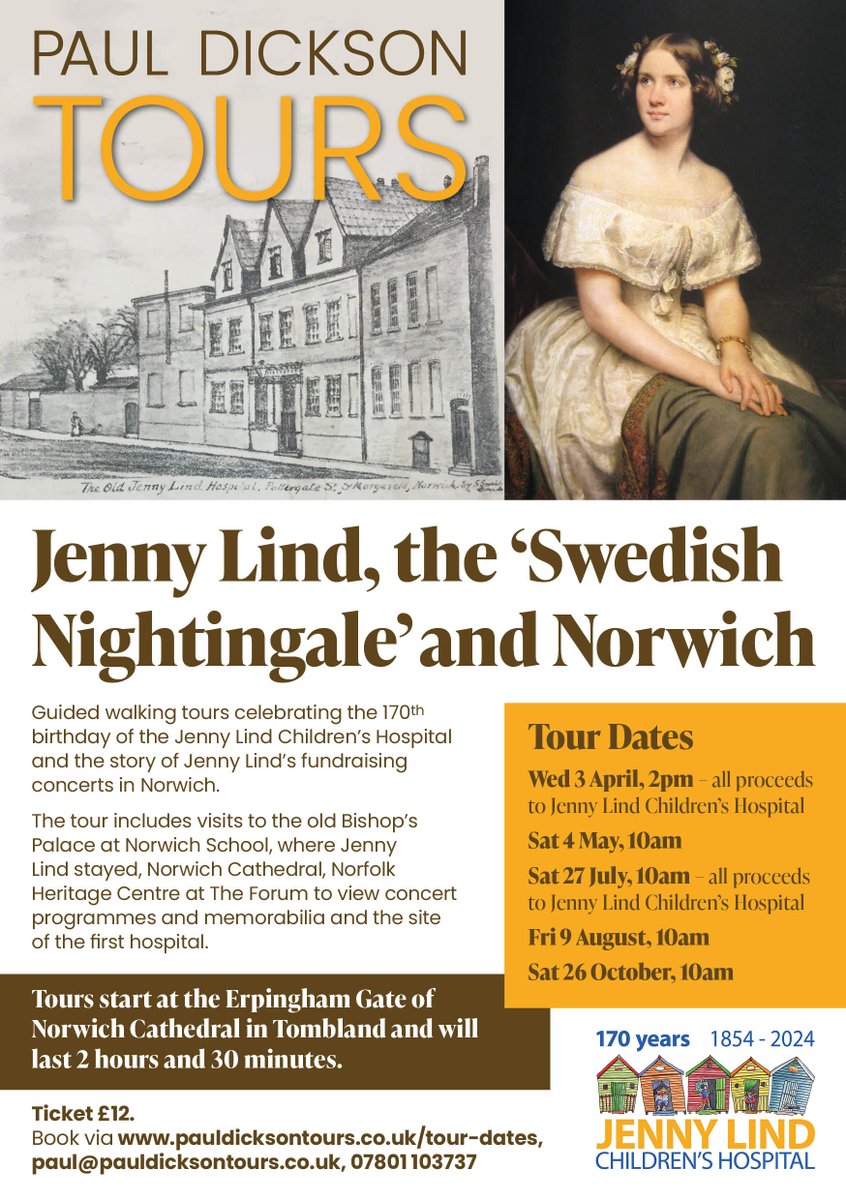 New this year - a series of tours marking the 170th anniversary of the Jenny Lind Children's Hospital. My first Jenny Lind and Norwich tour is at 2pm on Wednesday 3 April. More info and booking details at pauldicksontours.co.uk/tour-dates #Norwich #JennyLind