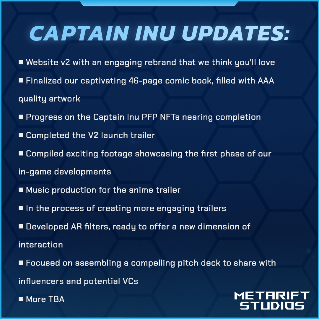 Though the journey has had its challenges and life has thrown curveballs, our commitment to the Captain Inu  universe remains unwavering. Though we've been quiet, the team has been tirelessly building behind the scenes. Here's a glimpse of some of our progress:
$CPTINU #Inuforce