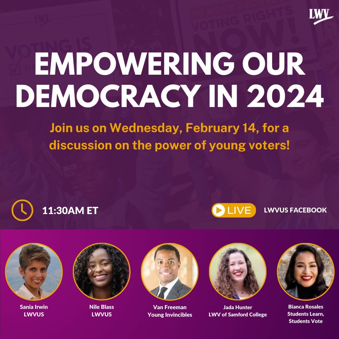 Join us TOMORROW as we come together in community to remember our late president, Dr. Turner, and discuss the power of younger voters with <a href="/YoungInvincible/">Young Invincibles</a>, <a href="/SLSVCoalition/">Students Learn Students Vote Coalition</a>, and more! #LWV104
RSVP➡️ bit.ly/42At5ah
