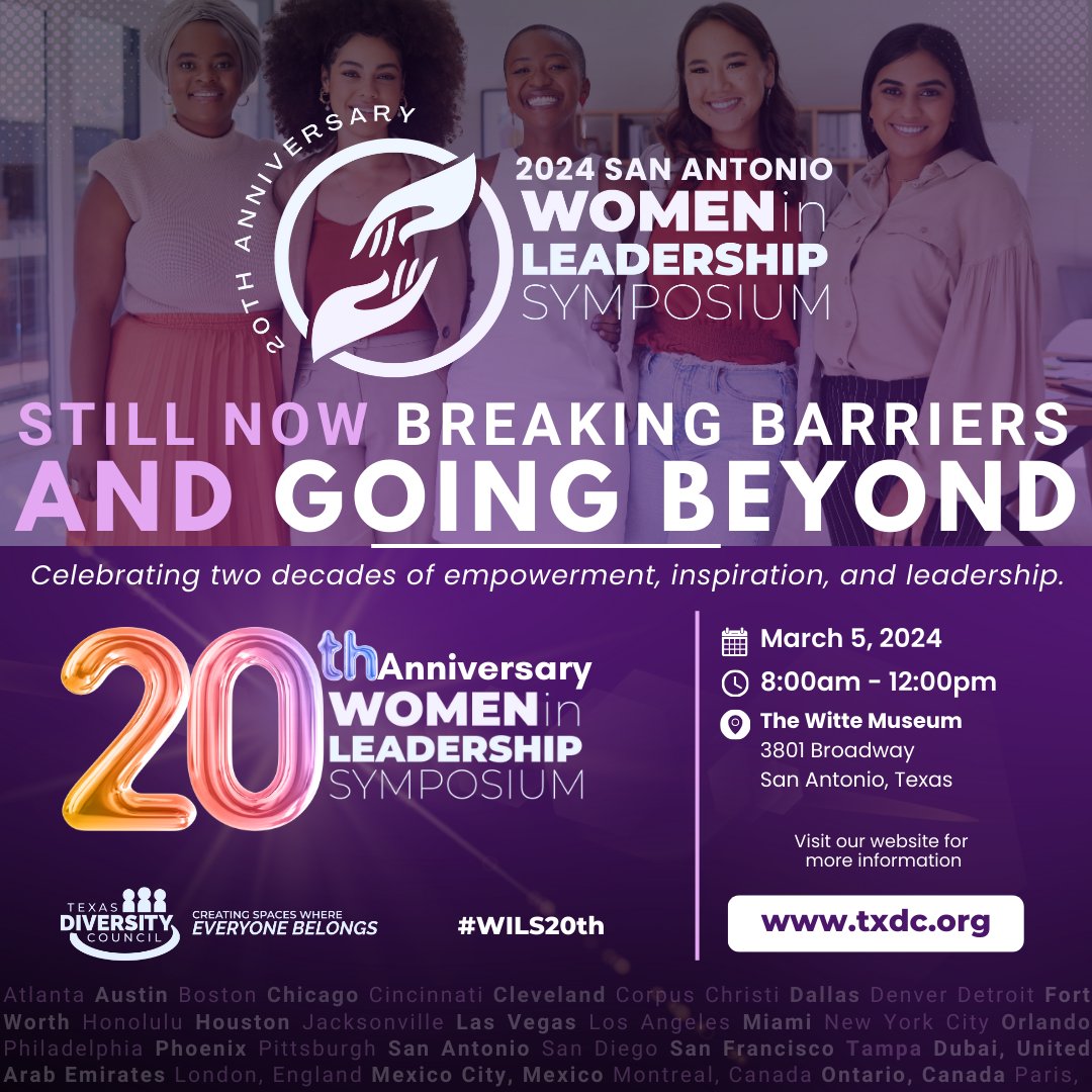 Join us in celebrating 20 years of empowerment, inspiration, and leadership at the Texas Diversity Council’s Women in Leadership Symposium!

20 years. 2 million participants. Countless stories of courage and resilience.

Visit bit.ly/SAWILS24?utm_s… to RSVP today!

#WILS20th