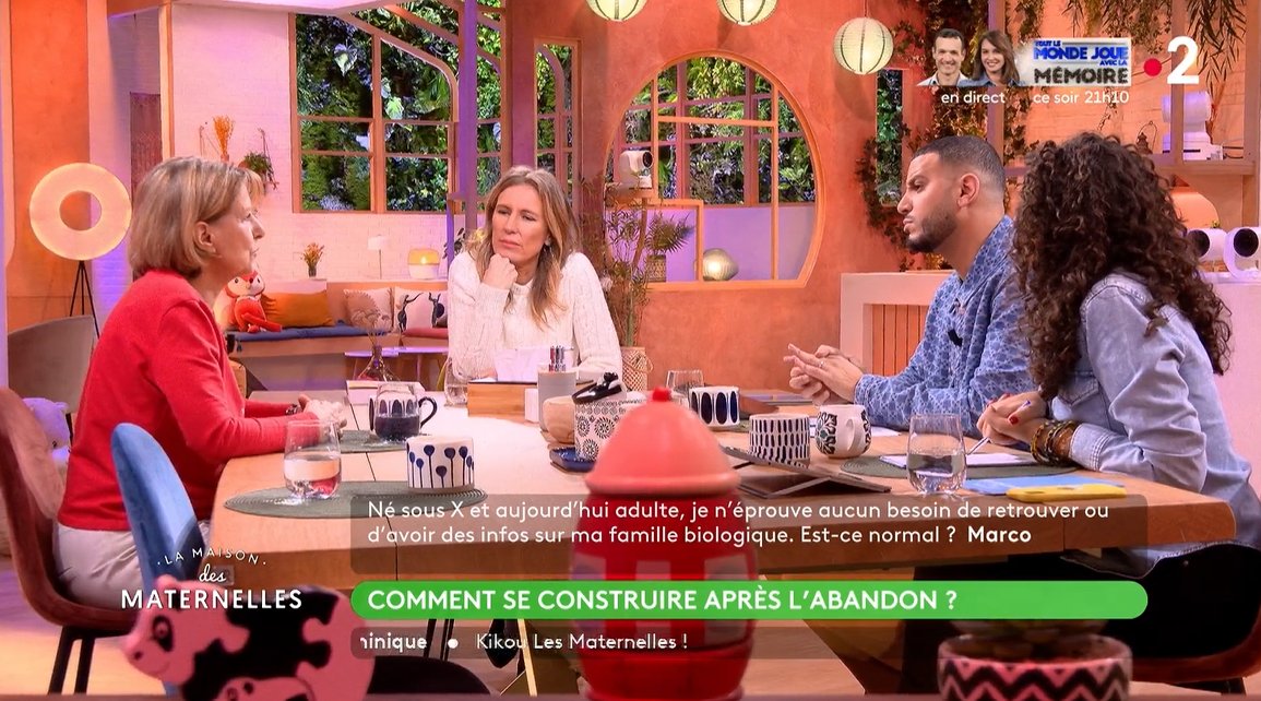 Ce matin, Patricia Chalon, Présidente d'Enfance Majuscule, était l'invitée de l'émission @lmdmF2 et a pu apporter son expertise sur le thème de l'accouchement sous X.

"Comment se construire après l'abandon", voir le replay 👉bit.ly/49ddksm