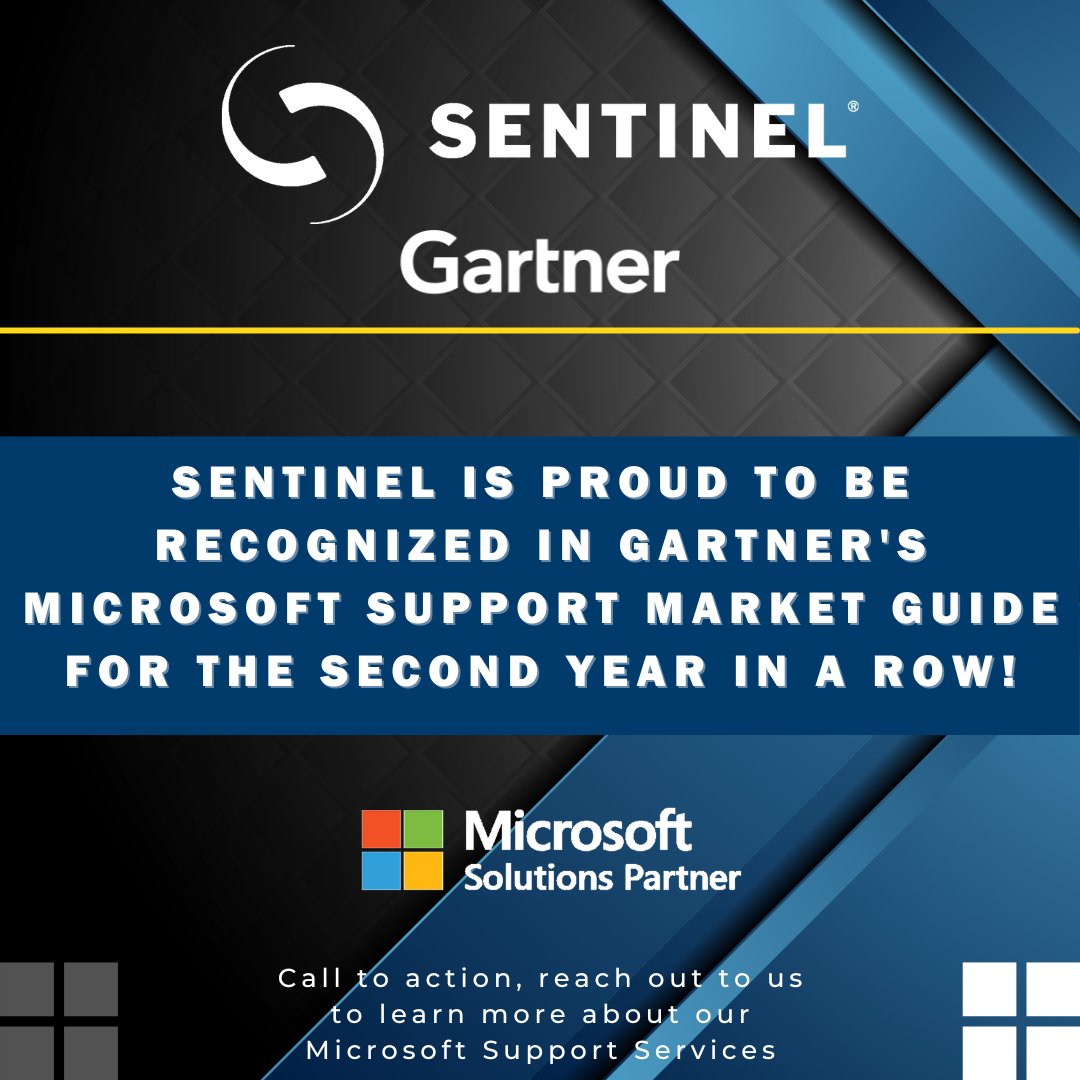 Sentinel is proud to be recognized in Gartner's Microsoft Support Market Guide for the second year in row!

Reach out to us to learn more about our Microsoft Support Services.

#SentinelTechnologies
#AlwaysLeading
#GartnerMicrosoftSupport
#MicrosoftSupport