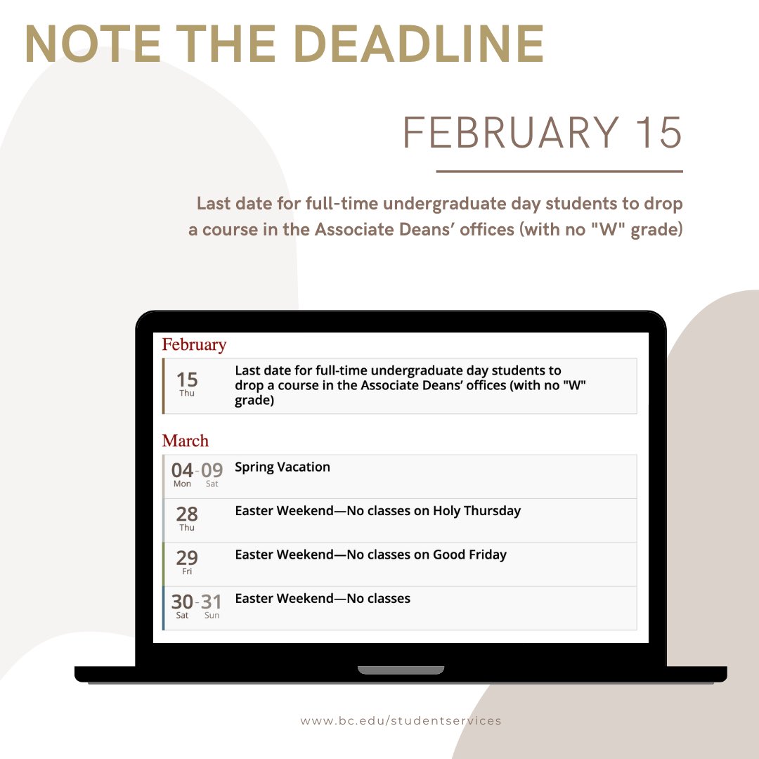 The last date for full-time undergraduate day students to drop a course in the Associate Deans’ offices (with no ‘W’ grade) is Thursday, February 15! #bostoncollege 🦅