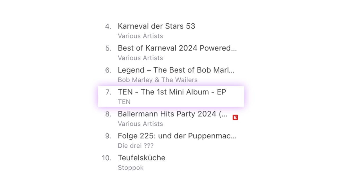 13. Feb 16:30 Uhr
iTunes TOP ALBUMS Deutschland 
7. TEN - The 1st Mini Album - EP 

#TEN #李永钦 #텐 #Nightwalker #TEN_Nightwalker #TEN_TEN #NCT_TEN_TEN

Hier kaufen: music.apple.com/de/album/ten-t…