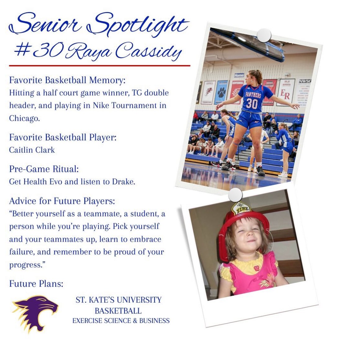 🌟day 2 of senior spotlight🌟

🔦guard, #30 Raya Cassidy

🏀Friday, February 16th - Senior Night

▪️Come support your Lady Panthers on their special night‼️