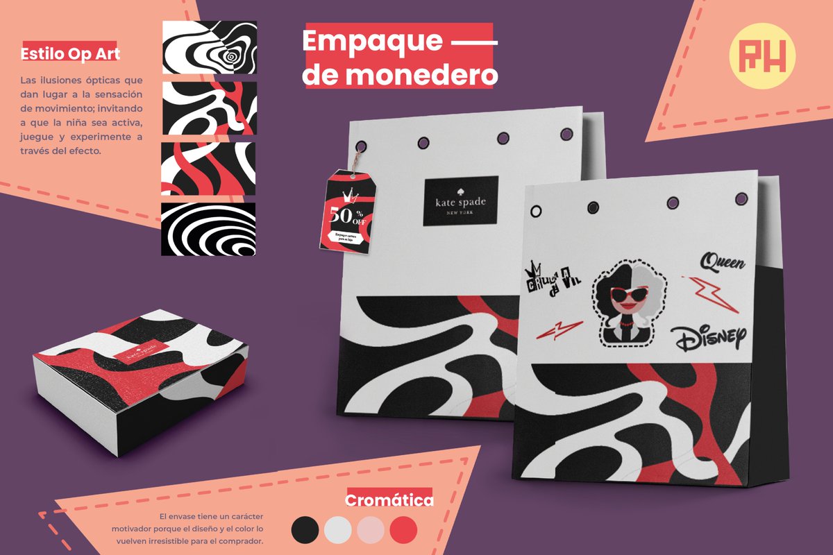 Practica 03: Empaque de monedero.
Cliente: Madre e hijas de shopping.
Marca Propuesta: kate Spade.

Diseño con estilo Op Art para el dia de las madres donde el empaque se puede usar como una carterita para la hija pequeña.

#packaging #cruella #monedero #ilustracion #opart