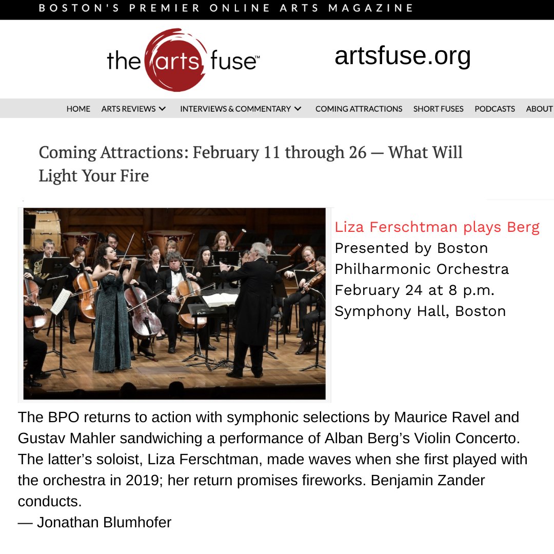 From
<a href="/theartsfuse/">The Arts Fuse</a> Coming Attractions "The <a href="/bosphil/">Boston Philharmonic</a>
returns to action... with <a href="/LizaFerschtman/">Liza Ferschtman</a>, made waves when she first played with the orchestra in 2019; her return promises fireworks. <a href="/BenjaminZander/">Benjamin Zander</a> conducts." artsfuse.org/287002/coming-…