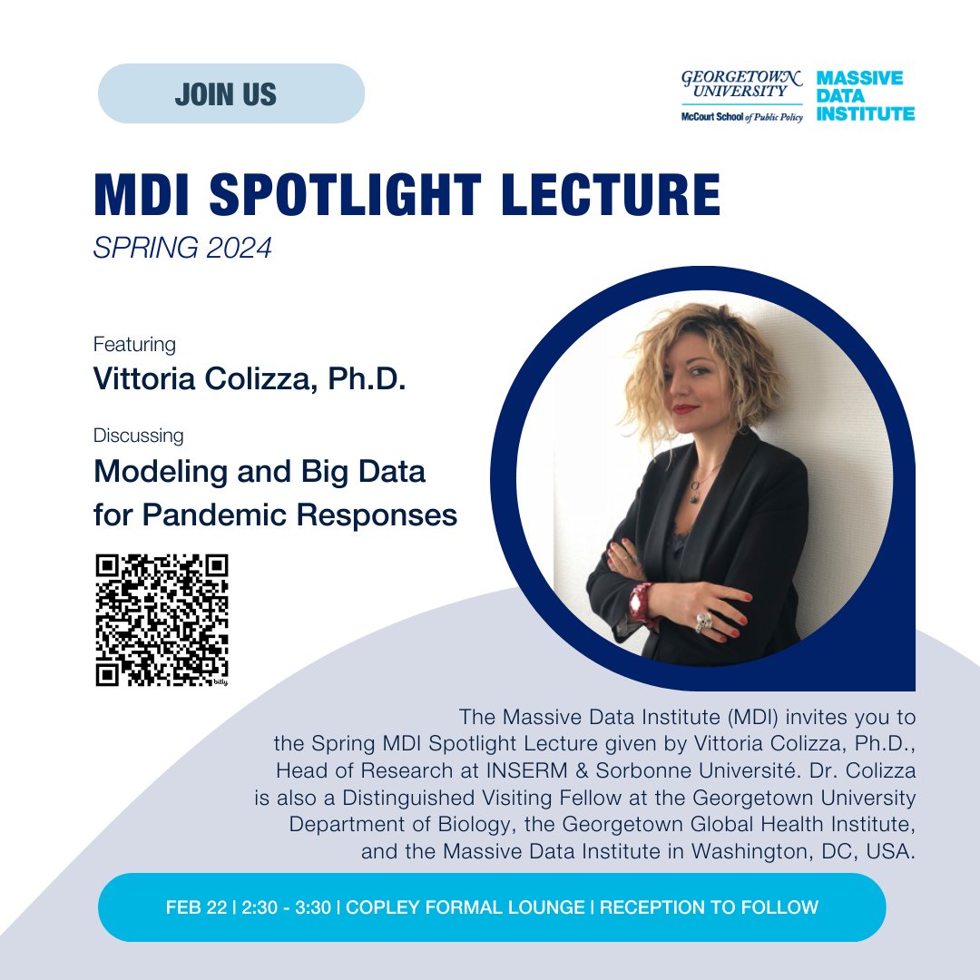 Join us as we welcome back Dr @vcolizza Feb 22 for the MDI Spotlight Lecture on 'Modeling and Big Data for Pandemic Responses'. Reception to follow. Open to the public. More info + RSVP georgetown.edu/event/mdi-spot…