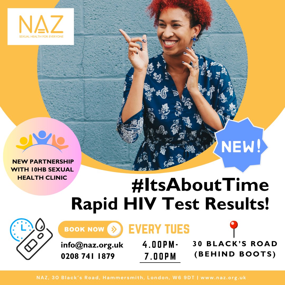 We have partnered with @10HBHealth to offer #ItsAboutTime full sexual health screenings at our office every Tuesday from 4:00-7:00pm. Get fast, reliable sexual health screenings in a safe and welcoming environment. Pop in today! 🔗 For more info, go to: naz.org.uk/its-about-time