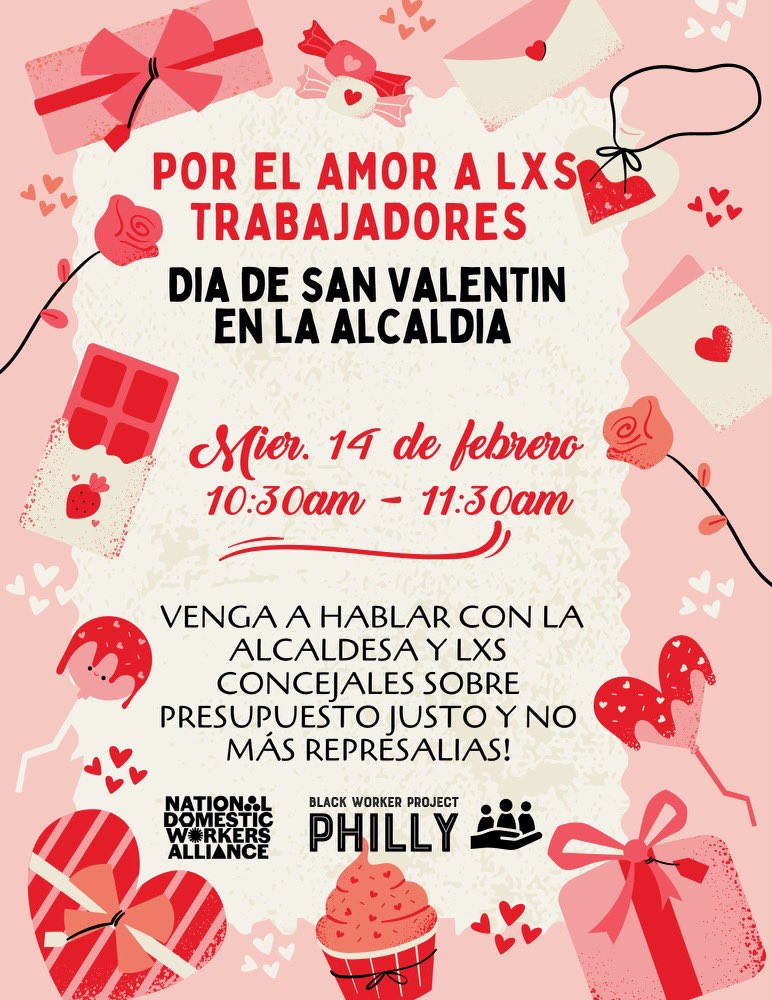 Happening tomorrow! Valentine’s Day means showing the domestic workers who care for your families what they mean to you. Show up to fight for them! cc: @BlackWorkers215