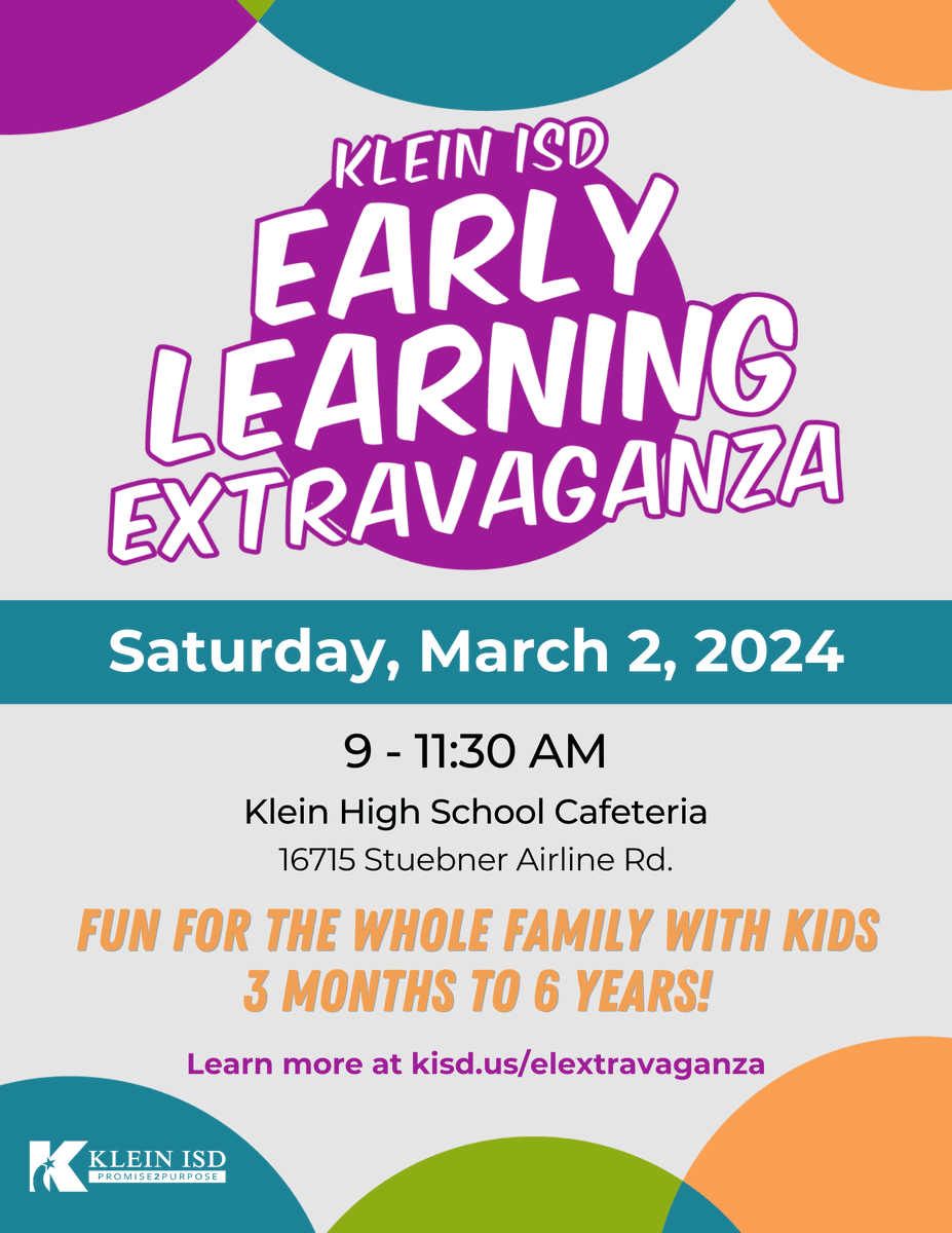 KleinISD_EC's tweet photo. Save the date for our upcoming Early Learning Extravaganza @KleinHigh!  There will be food, music, activities, and giveaways for the whole family!  We can't wait to see you there! @KleinISD https://t.co/WVKxYDoqnO