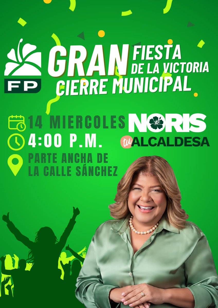 Este miércoles 14 de febrero, ¡ven y sé parte de la gran fiesta de la victoria de nuestra próxima alcaldesa, Noris Medina! Comparte el triunfo y la alegría. Habrá sorpresas, artistas invitados. Lugar: Parte Ancha de la calle Sánchez. Hora: 4:00 pm. ¡Te esperamos!