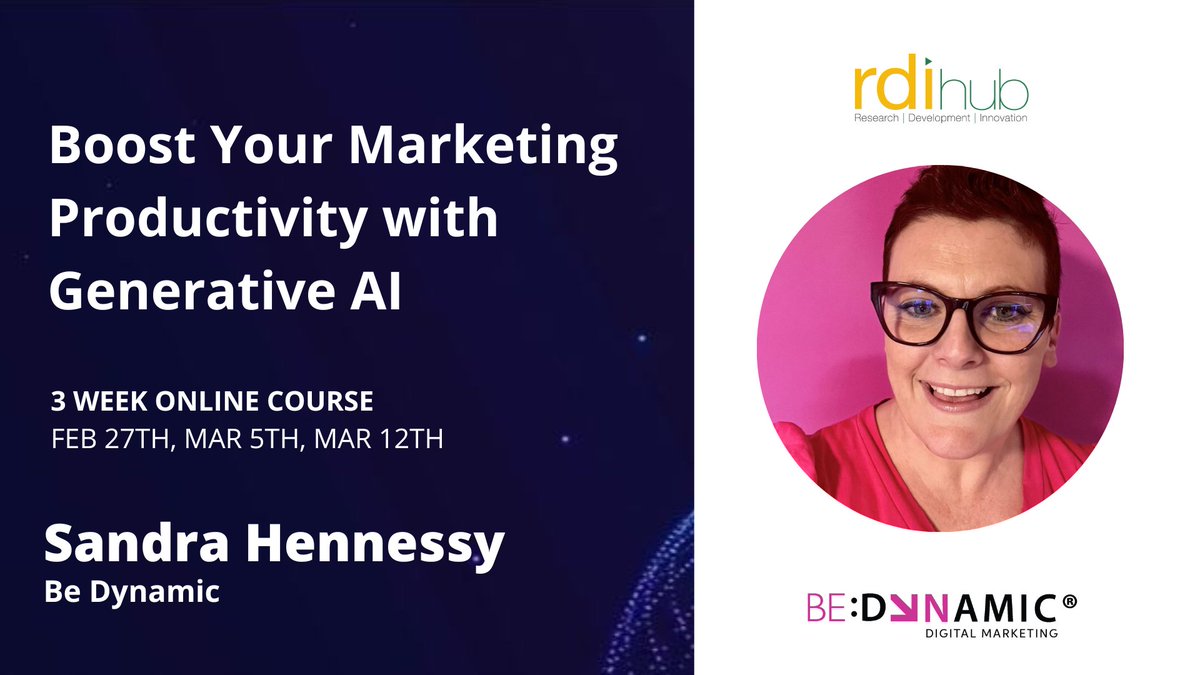 Boost Your Marketing Productivity with Generative AI with this three-part online series! Pt 1: Foundations of #GenAI for Business, Pt 2: Enhancing Business Operations with AI &amp; Pt 3: Strategic Implementation. Run by <a href="/SandraHennessy/">Sandra Hennessy</a>, #BeDynamic. 
Register: bit.ly/3H7HW1Z