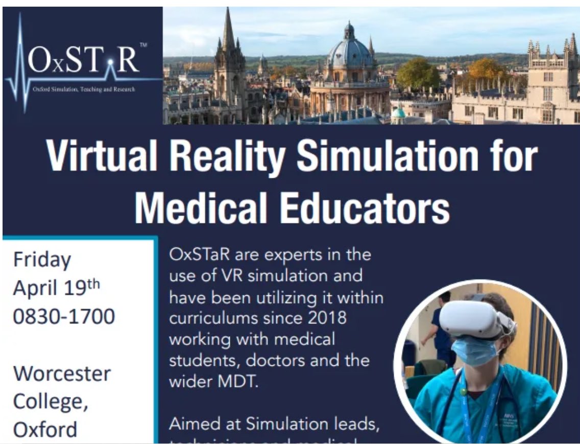 Excited to announce workshop being run in Oxford in April. Follow link for more details oxstar.ox.ac.uk/news/virtual-r… @vrmedicalsim @NHSE_TEL