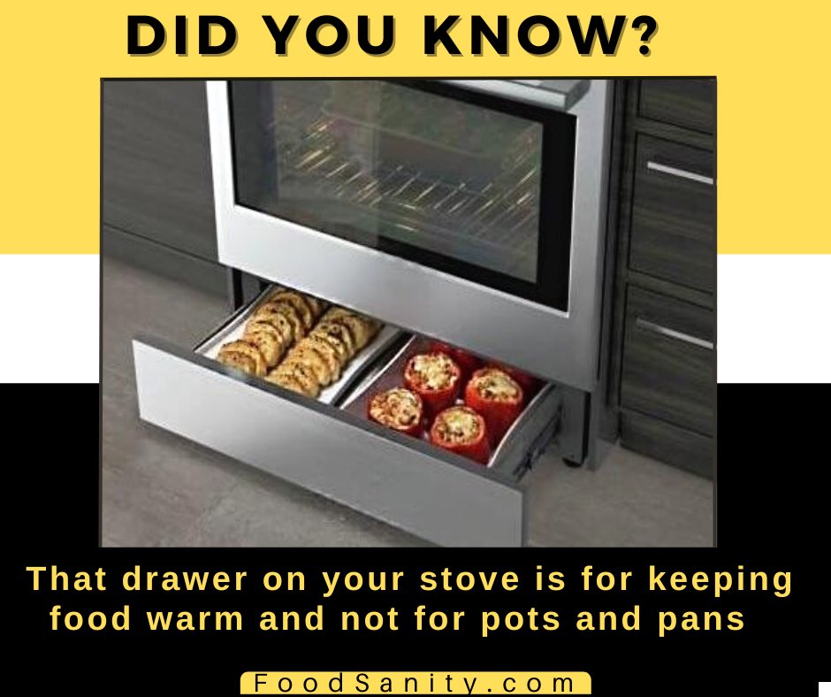 If you cook multiple dishes or entertain, using this drawer can be extremely helpful in keeping food warm until serving. It can also be used to warm dishes and towels. • • #FoodSanity #foodie #foodfacts #cookingtime #coolfacts #kitchenhacks #lifehacks #toyourgoodhealthradio