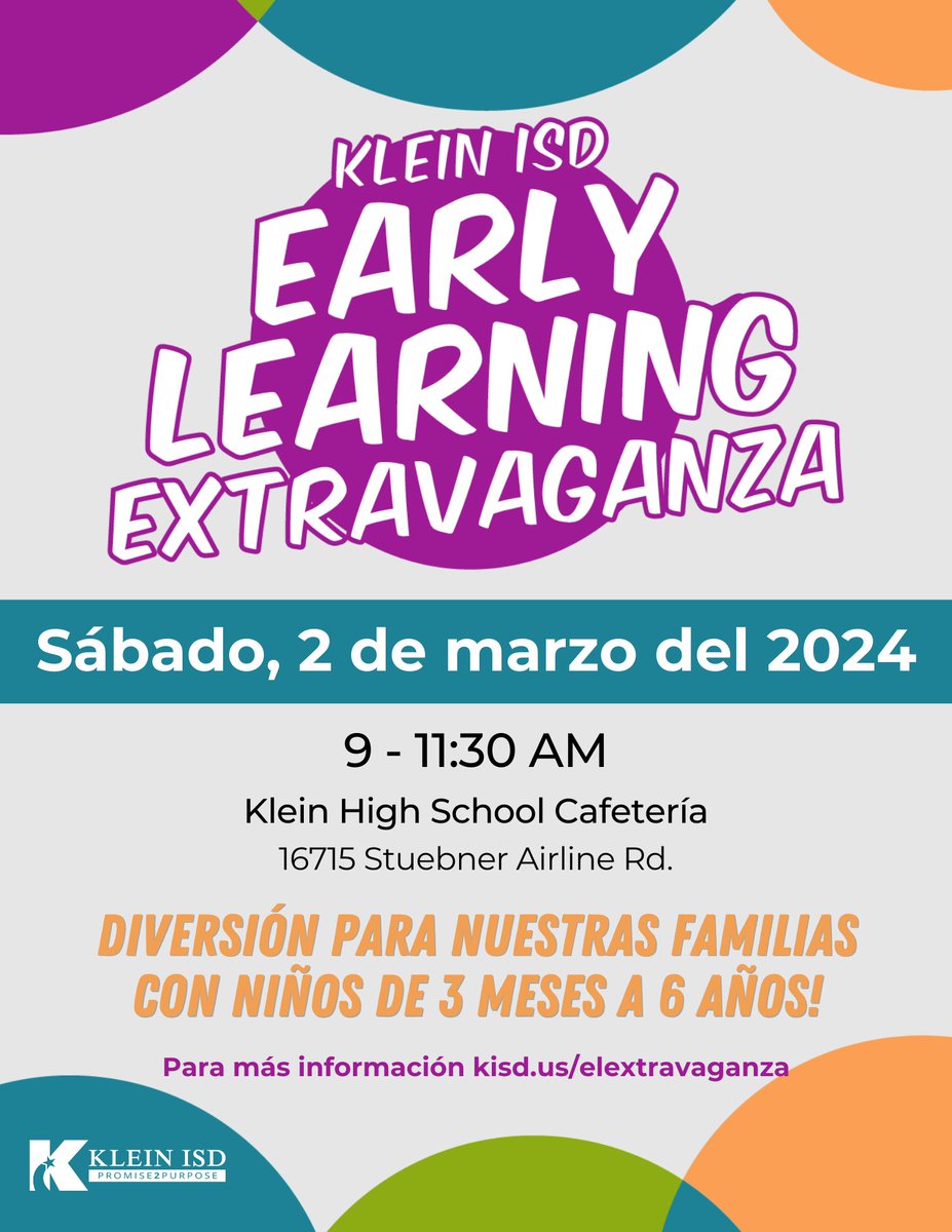 Save the date for our upcoming Early Learning Extravaganza <a href="/KleinHigh/">Klein High School</a>!  There will be food, music, activities, and giveaways for the whole family!  We can't wait to see you there!
<a href="/KleinISD/">Klein ISD</a>