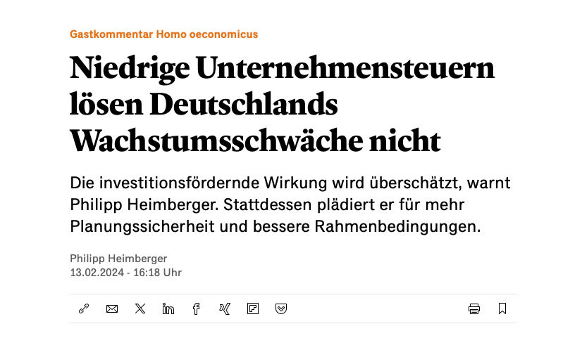 Cutting corporate taxes, as 🇩🇪finance minister proposes, will not solve Germany's growth problems. As we show in a study, the empirical evidence suggests that positive growth effects are exaggerated. Better: reform debt brake, investment, industrial policy. My Handelsblatt column