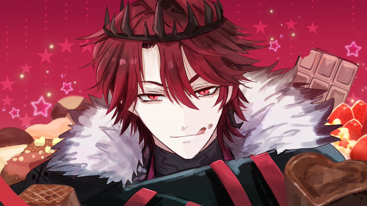 1boy male focus chocolate crown red hair food red eyes  illustration images