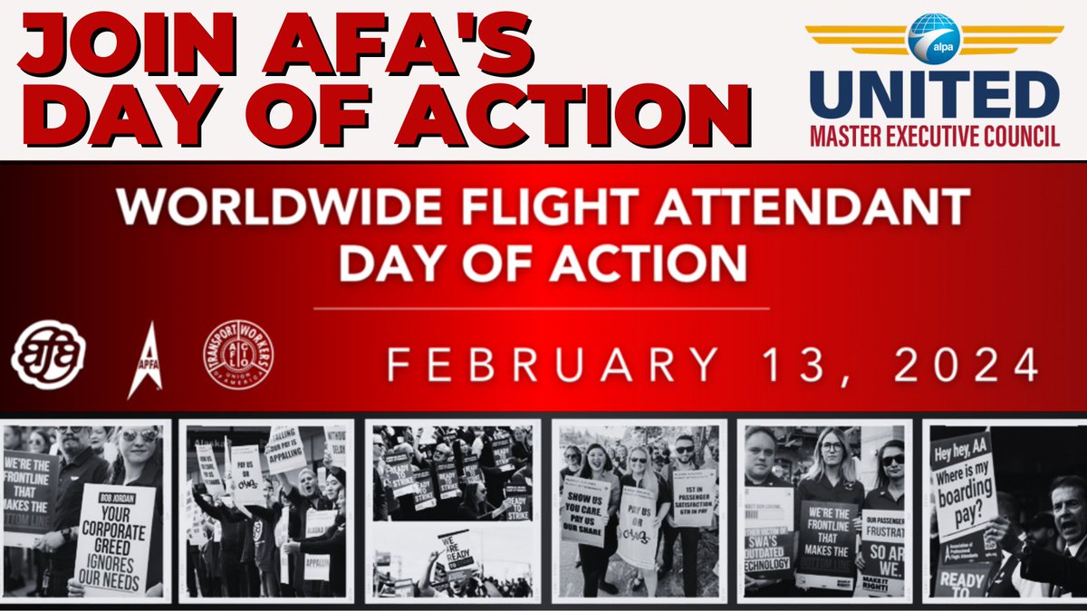 United Pilots it's time to support for our fellow union <a href="/afa/">AFA</a>-cwa  in their pursuit of a fair, equitable, and long overdue contract!

Join the Worldwide Flight Attendant Day of Action TODAY, February 13, 2024.

Info:pulse.ly/hfrb4qslsx
#UnitedPilotFamily #United @alpapilots