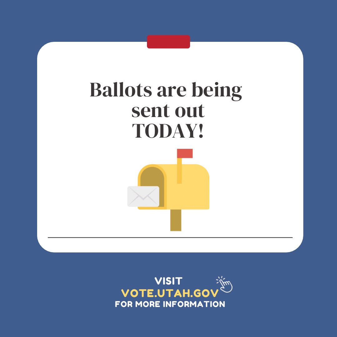 Exciting news, Utahns! Ballots are on their way! Keep an eye on your mailbox and get ready to make your voice heard. ✉️ Visit vote.utah.gov for more info. #VoteByMail #PromoteTheVote