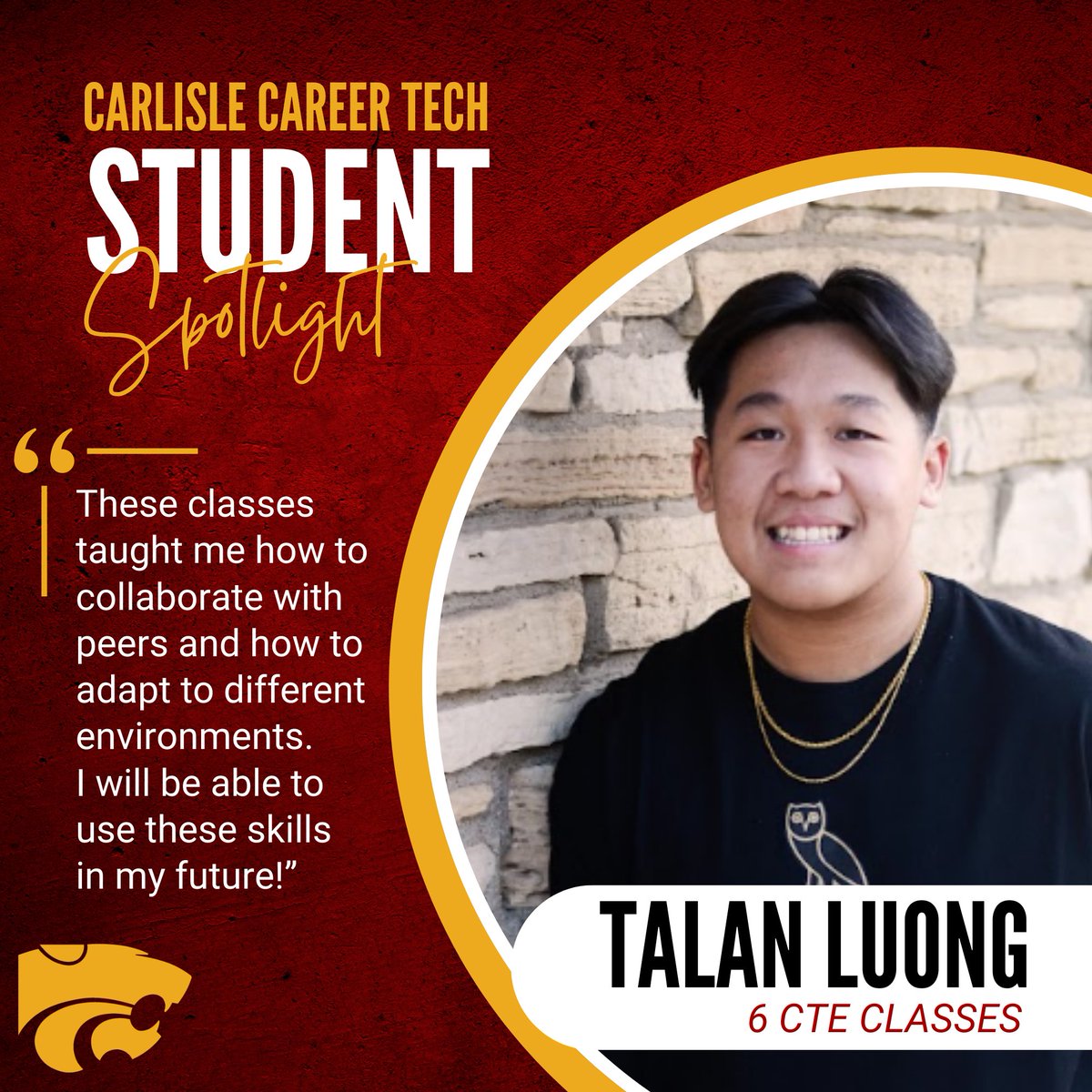 CarlisleCTE's tweet photo. ⭐️ Carlisle CTE Student Spotlight: 

TALAN LUONG has taken 6 CTE CLASSES where he learned to collaborate and adapt to different situations!
#CTEMonth #CareerTechEd https://t.co/pGwqaGKTb7