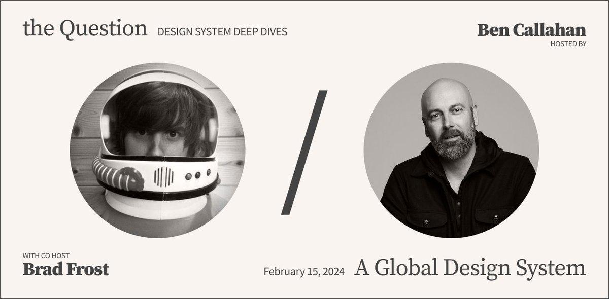 Excited to welcome <a href="/brad_frost/">Brad Frost</a> as my co host this week on The Question! We'll be digging into whether or not there should be a global #designsystem. :) 

👉👉 bit.ly/3OEusid 👈👈

Answer to get the invite!