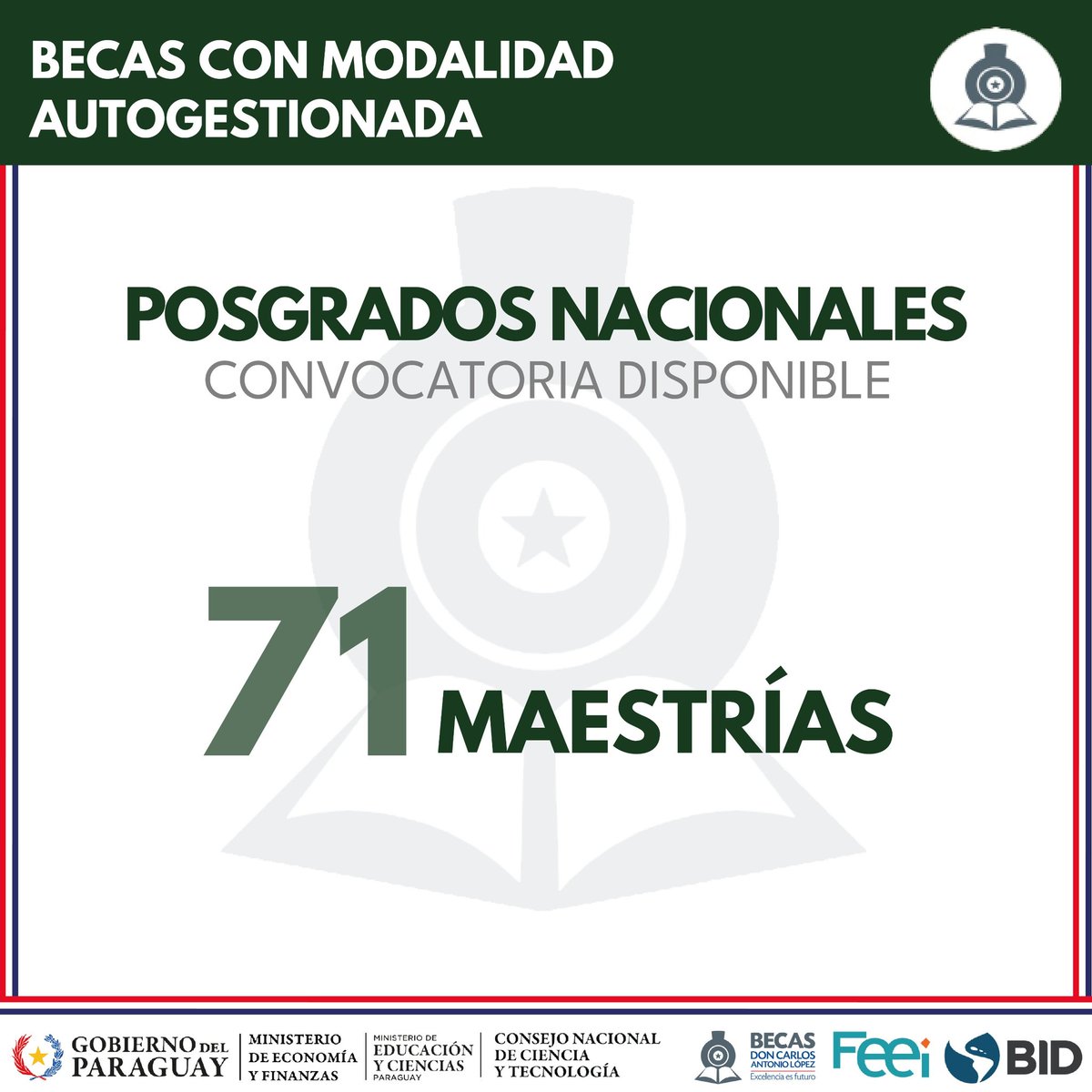 rnpy920am's tweet photo. 🇵🇾👩‍🎓👨‍🎓Desde hoy @becalpy habilita la postulación a 101 becas para programas de Maestrías y doctorados  
en Universidades Paraguayas reconocidas por su trayectoria y nivel de convocatoria

La GBC d Nacionales está  disponible en https://t.co/Nkq69YbClJ https://t.co/59rmcSOcPE