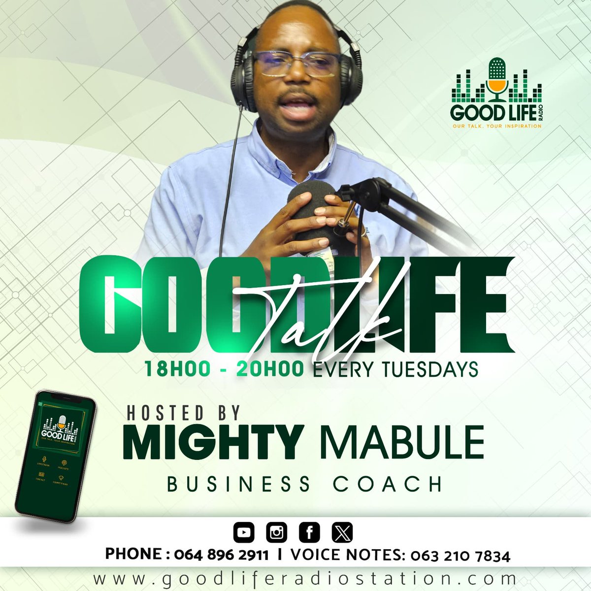 GoodLife_Radio's tweet image. Tonight: How to grow your business to the next level.
1. Understanding your market
2. Network in the industry
3. Invest in yourself.

Don't miss out from 18h00 - 20h00

Click the link to tune inn
goodliferadiostation.com/listen.html

Studio: 064 8962 911 
VN: 063 210 7834