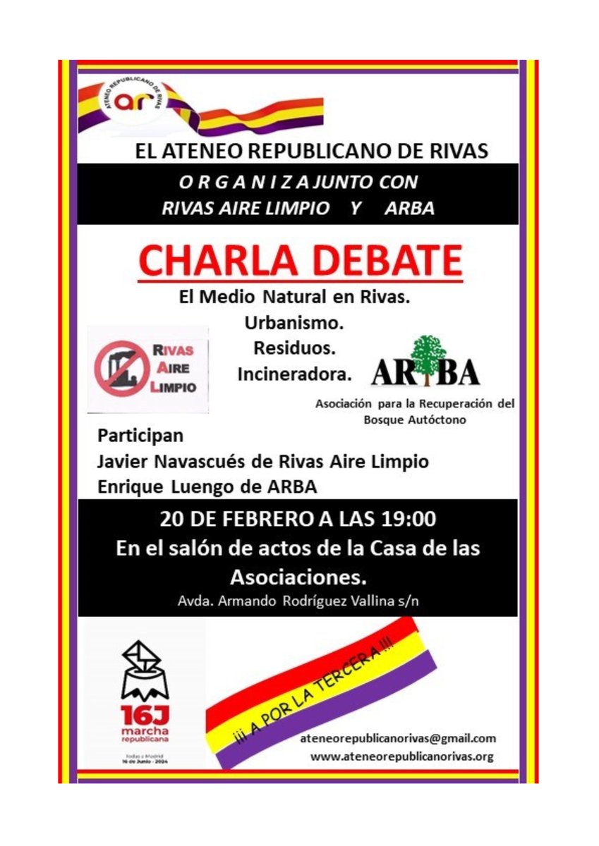 El martes, 20 de febrero, a las 19.00 horas, en el Salón de actos de la Casa de Asociaciones, tienes una cita para conocer el medio ambiente de Rivas, sus peculiaridades y las actividades que afectan a su salud (urbanismo, residuos, incineración...).