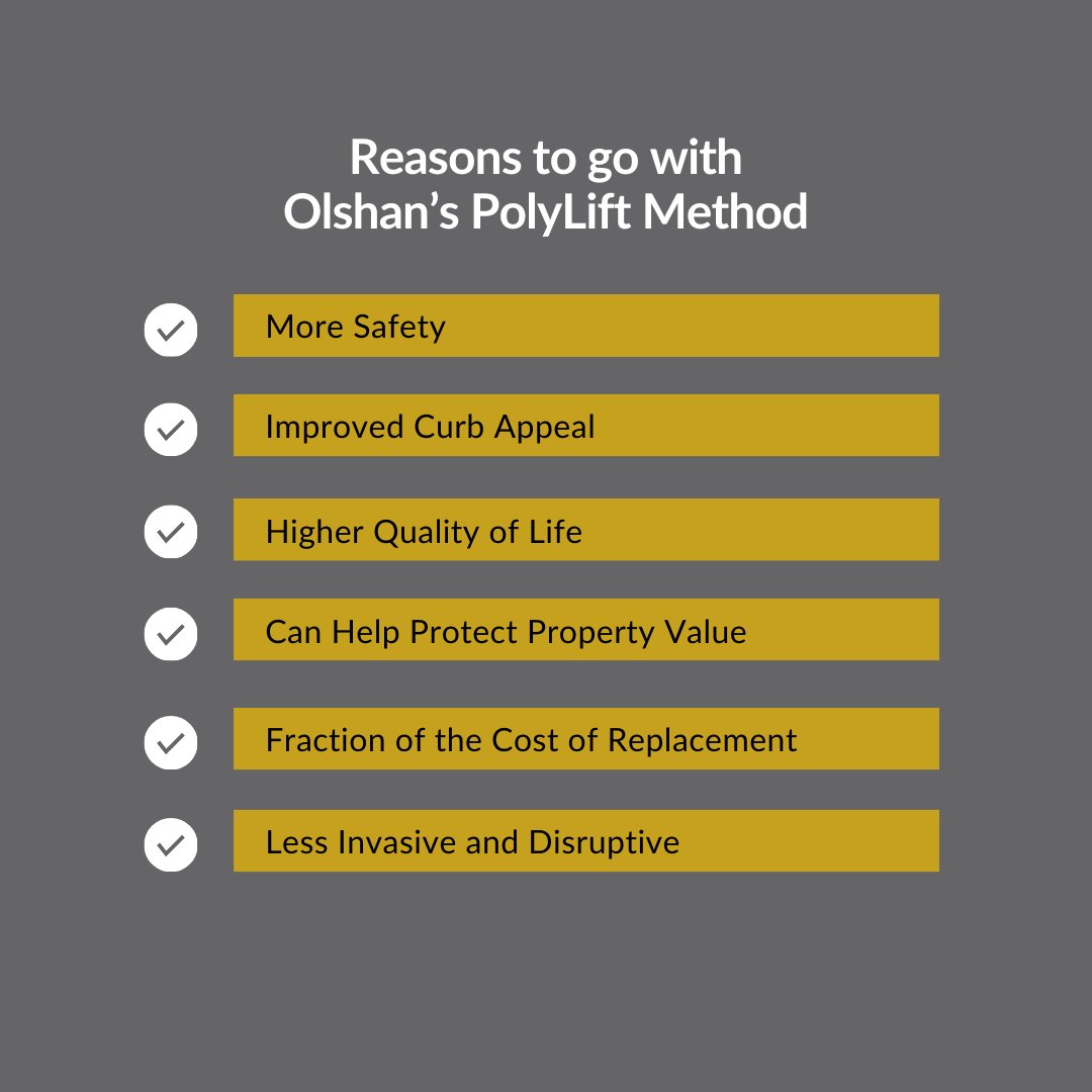 Discover the benefits of Olshan's PolyLift™ method for a solid foundation. Our innovative concrete restoration not only saves you money but also enhances safety, curb appeal, and overall quality of life. #olshanfoundation #polylift #concreterepair #homeimprovement