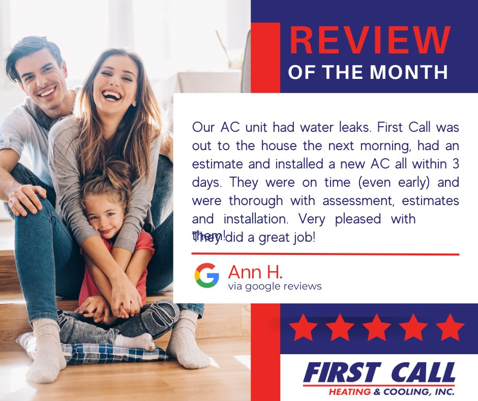 Thank you, Ann! Your support is appreciated! #FirstCallHeatingandCooling #ReviewoftheMonth #TestimonialTuesday #racinewisconsin #RacineHVAC