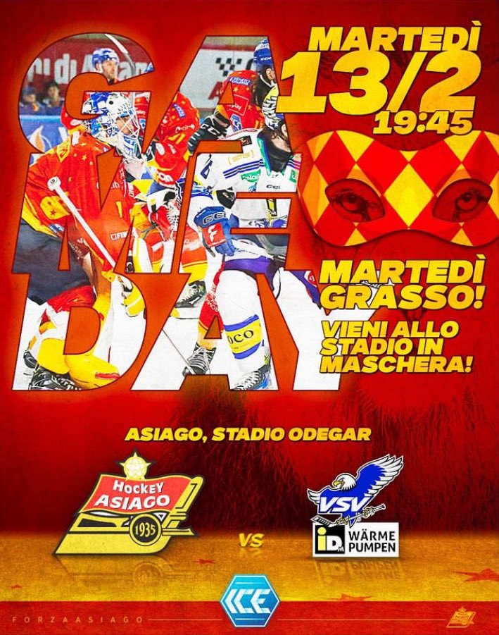 MATCH DAY‼️

#Asiago 🆚 Villach
⏰19:45
🏒 <a href="/win2dayICE/">win2day ICE Hockey League</a> 
🏟️ Odegar

#ForzaAsiago 🟡🔴