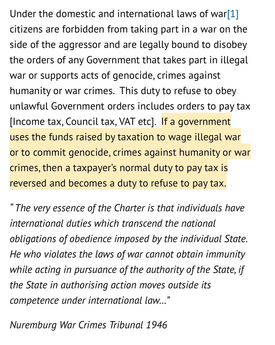 🚨NEEDING ATTORNEY OPINIONS🚨

WHEN IS IT A CRIME TO PAY TAXES?

Under domestic and international laws of war:

“If a government uses funds raised by taxation to wage illegal war or to commit genocide, crimes against humanity or war crimes, then a taxpayers normal duty to pay tax