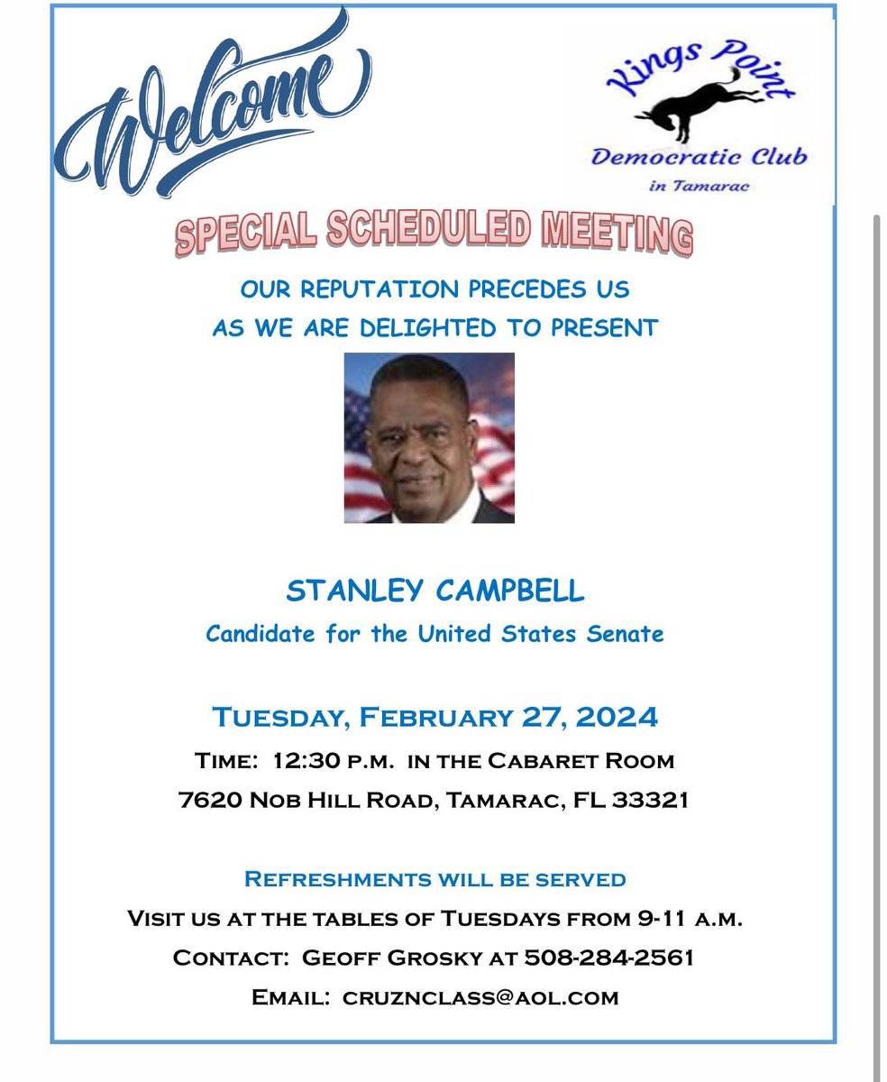 Join us in Tamarac on February 27th! Thank you to the Kings Point Democratic Club for having me.

#Tamarac #BrowardCounty #Fl #Florida #SouthFlorida #Broward #Lauderhill #PompanoBeach #DeerfieldBeach #LauderdaleLakes #PlantationFL #PalmBeach #DavieFL #HollywoodFL #SunriseFL