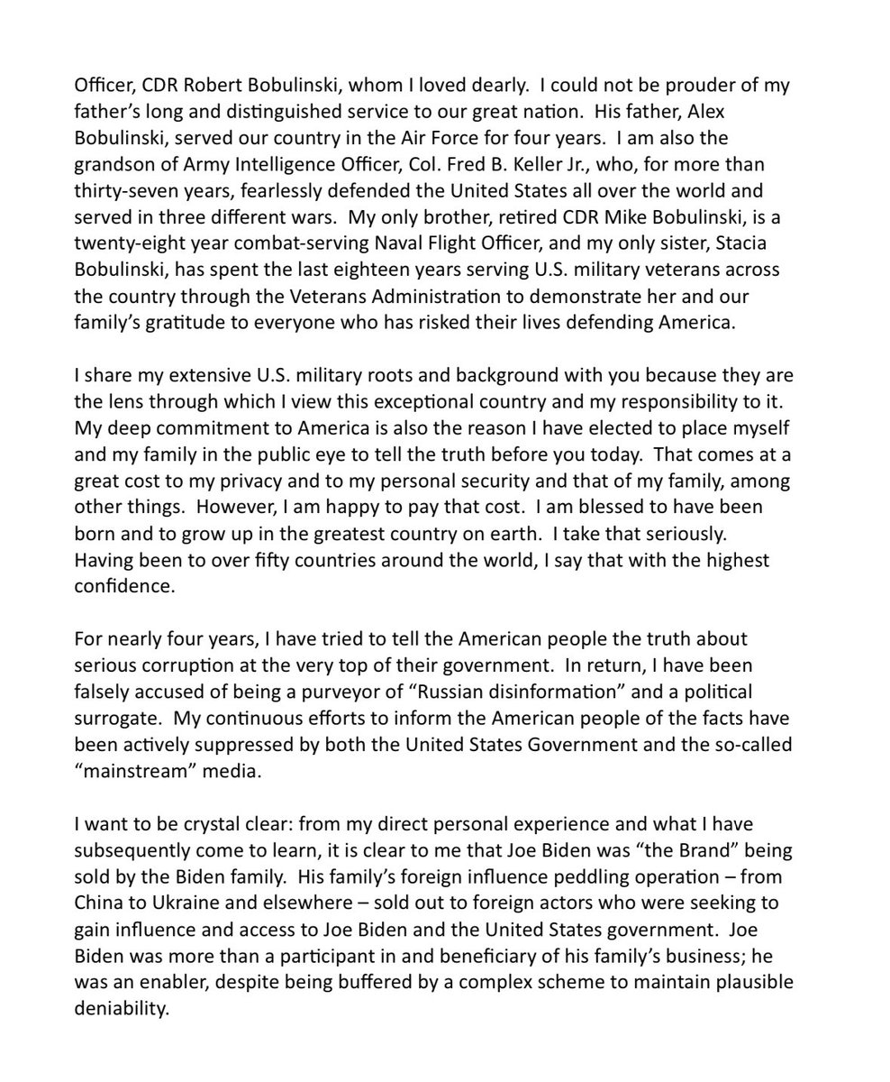 bennyjohnson's tweet image. 🚨 BREAKING: Opening statement of Hunter Biden’s former business associate Tony Bobulinski says Joe Biden “enabled” his son to sell access to the United States’ “most dangerous adversaries” including the China, Russia and more.