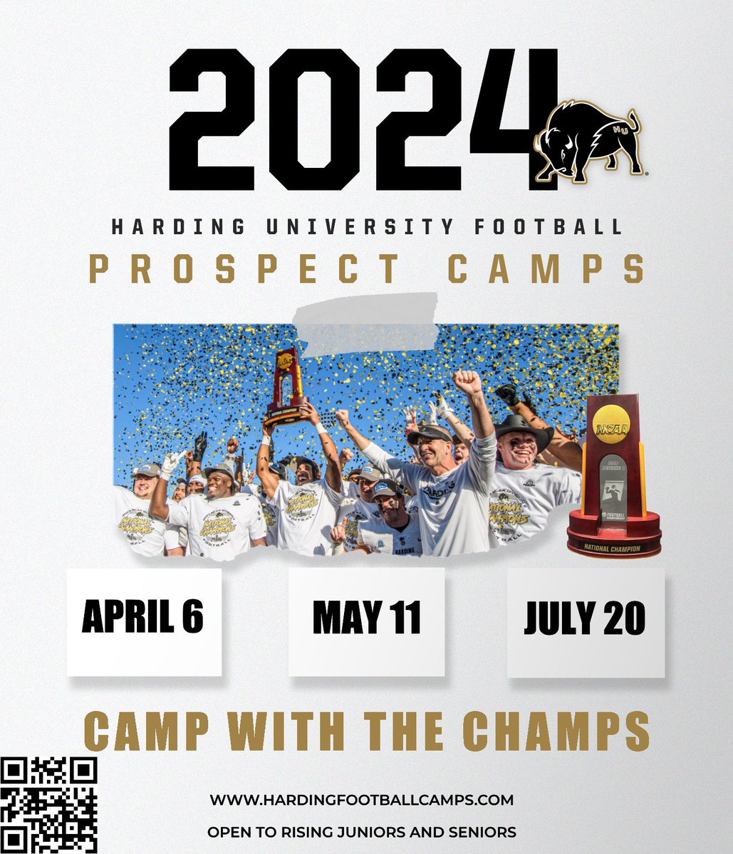 Camp dates are set and registration is open! Visit hardingfootballcamps.com and sign up to camp with the 2023 National Champions! #HonorGod