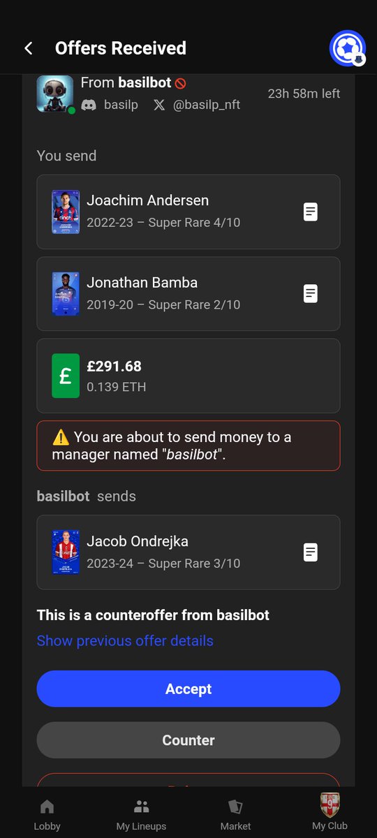 How the fck does <a href="/basilp_nft/">basilp</a> price his cards am sending SR Anderson last sale 0.132 and SR bamba last sale 0.31 for his SR ondrejko last sale 0.111 and am recieving this counter offer bck Wtf like #sorare <a href="/AkaKM_/">Aka KM 🧮</a> <a href="/BaselBdair1/">Basel Bdair🇵🇸</a> <a href="/FIDelBoy7/">Trading Del Boy</a> @freetipscout <a href="/Quinny3001/">Quinny</a>
