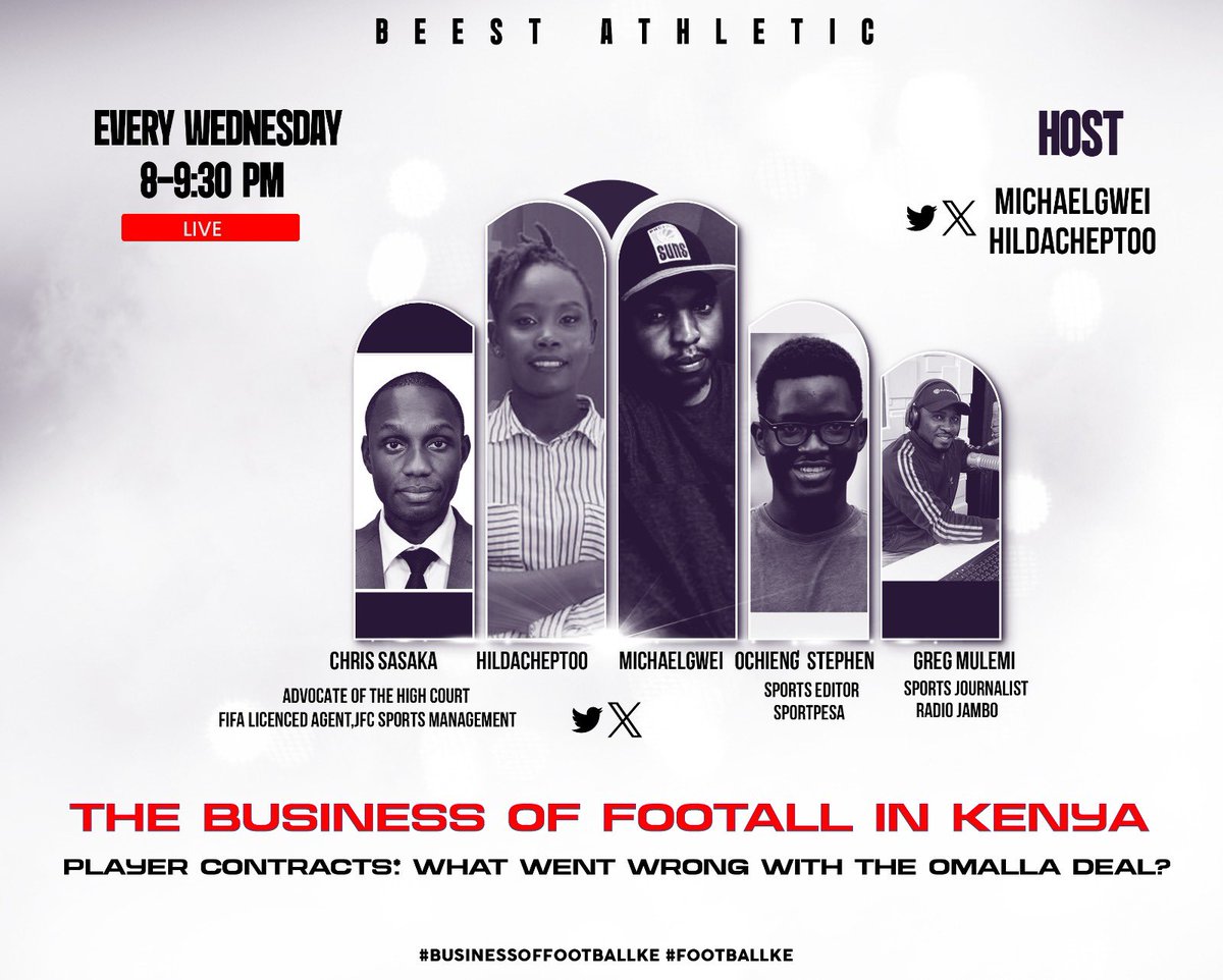 Tomorrow | 8 pm Twitter Space | Topic : Player contracts . Co-Host: @HildaCheptoo | Guestlist @sikri_ Advocate of the high court,Fifa Licenced Agent, @soo_ochieng Sports editor,Sportpesa , @GregoryMulemi Sports Journalist, Radio Jambo .#footballke twitter.com/i/spaces/1mnGe…