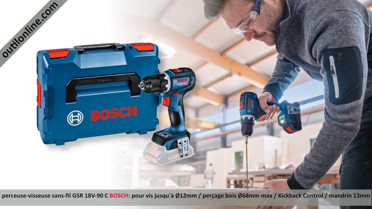 OutilonlineCom's tweet image. #outillage #promotion #perceusevisseuse sans-fil GSR18V-90C #BoschPowertools outilonline.com/catalog/perceu… mandrin métal 13mm / pour vis jusqu&apos;à Ø12mm / 2 vitesses / perçage bois jusqu&apos;à 68mm / 2 vitesses / couple max 64Nm / Kickback Control. Utilisation avec GBA et ProCore #Bosch
