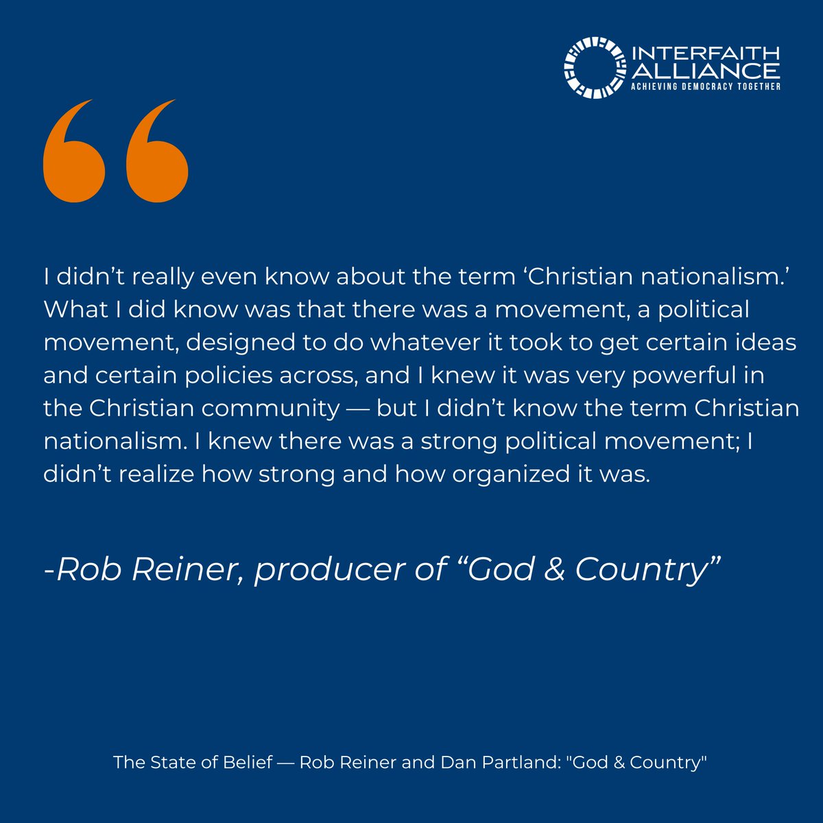 RNS's tweet image. This week on State of Belief, @intrfthalliance sits down with @GodCountryMovie producer @RobReiner and director @dpartland to discuss how their film can serve as a tool to safeguard democratic ideals in the face of evolving Christian nationalist threats.
stateofbelief.com/2024/february-…