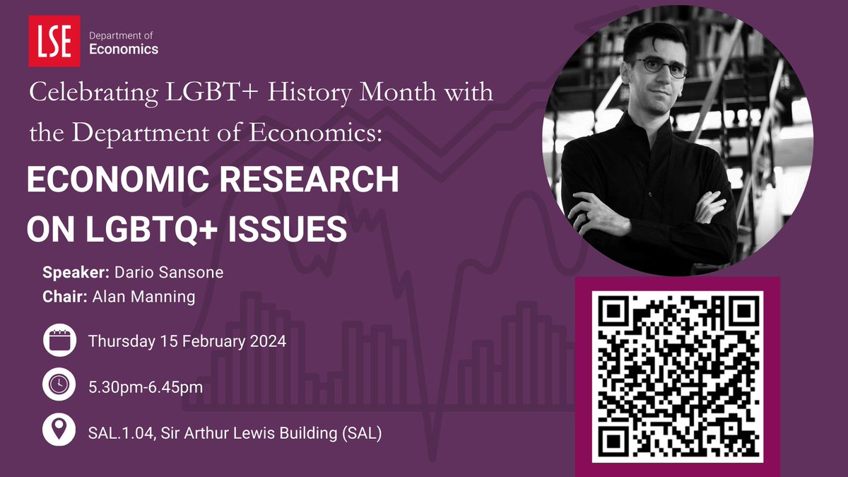 *Event reserved to LSE students and staff only. Admission reserved for ticket holders only! Join us Thursday for a talk about Economic Research on LGBTQ+ Issues with Dario Sansone. Followed by a drinks and canapes reception in SAL.1.05. Book now: tickettailor.com/events/lsedepa…