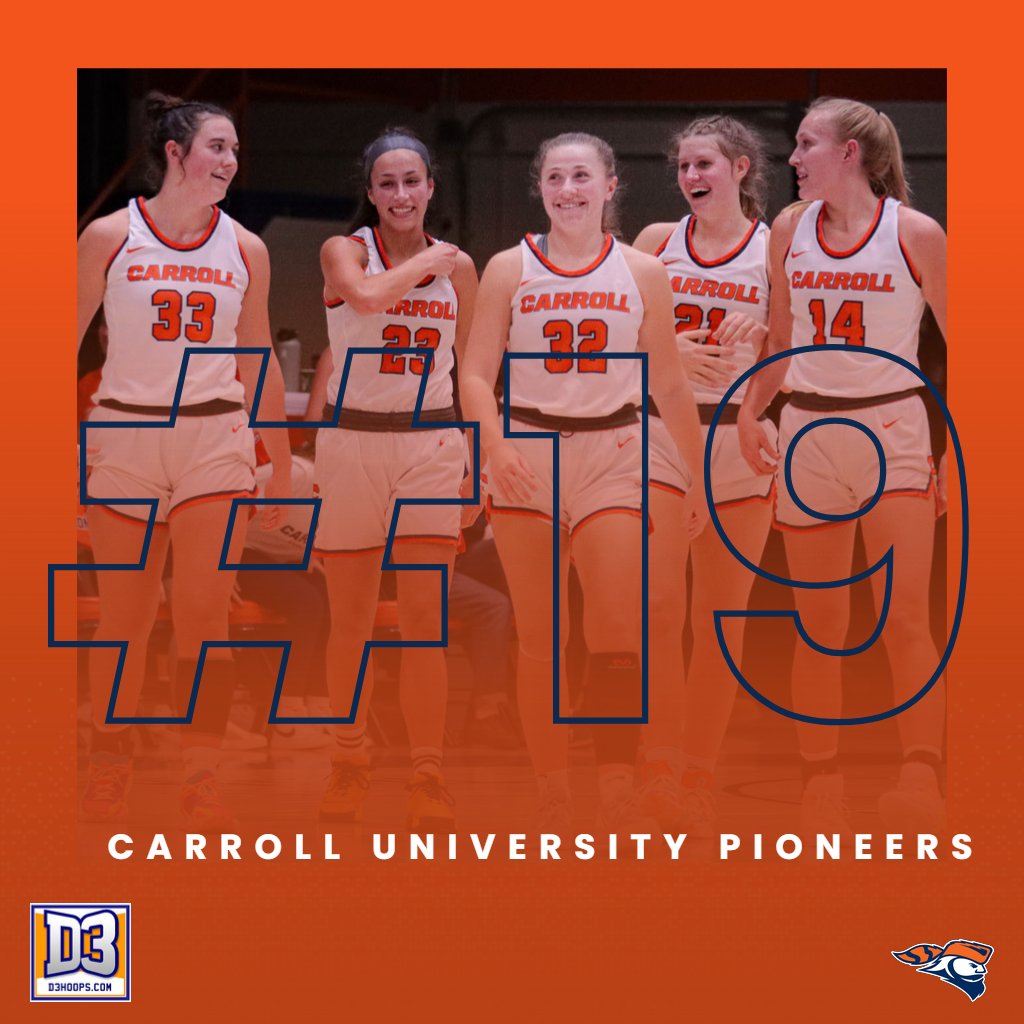 . @carrollu_wbb moves up one spot to #19 in this week's D3hoops.com Top 25 Poll. That is tied for the highest ranking in program history, and marks the 5th consecutive week the team has been ranked, which is the longest such streak in program history #d3hoops #GoPios