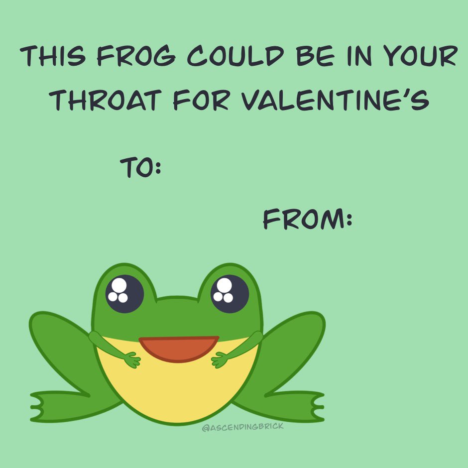 Ascendingbrick's tweet photo. Send it to that special someone 🐸 💌 
.
.
.
#comic #webcomic #valentine #valentinesday #vday #frog #froggy #unhinged #relatable #funny https://t.co/l32pDpQWOX