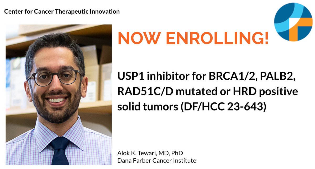 Today’s #trialtuesday is led by @aloktewar of @DanaFarber_GU. #CCTI_DFCI presents Trial 23-643: USP1 inhibitor for BRCA 1/2, PALB2, RAD51C/D mutated or HSD positive solid tumors. Now in dose escalation. @DanaFarber @DanaFarberNews 
Visit: forms.office.com/r/kM7e6JVxre