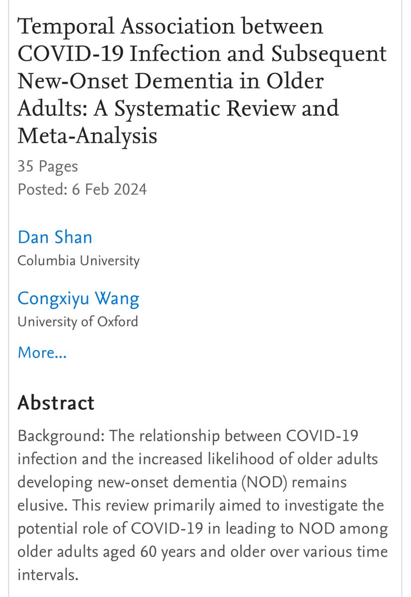 COVID linked with new onset dementia in people over 60. 

Article by <a href="/BenjaminMateus7/">Dr. Benjamin Mateus, MD</a> 

Link to preprint👇

papers.ssrn.com/sol3/papers.cf…